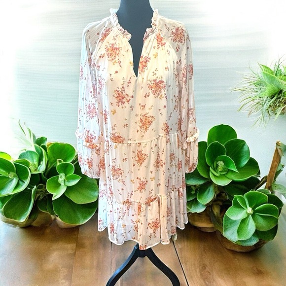Vince Camuto Floral Tiered Mini Dress Womens Large White Pink Long Sheer Sleeves - Picture 1 of 9